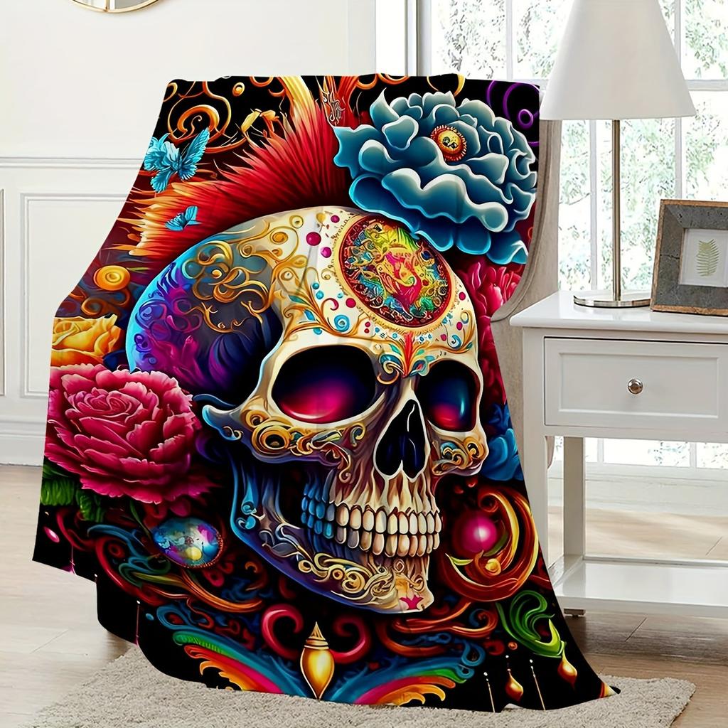 Decorative Throw Blanket with Intricate Skull Motif Art for Modern Sofa, Bed, Living Room, and Home Space Styling