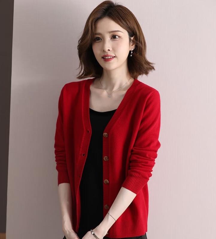 Hengyuanxiang Women's Fine Wool V-Neck Cardigan Sweater