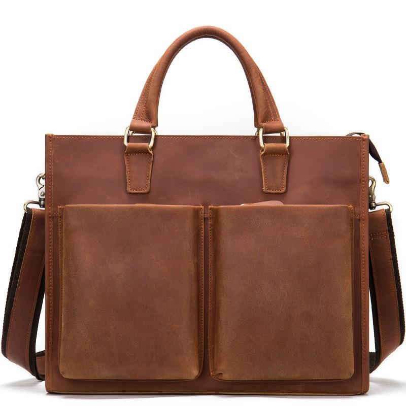 Crazy Horse Leather Men s Handbag Retro Business Briefcase Large Capacity File Computer Bag Men коричневый