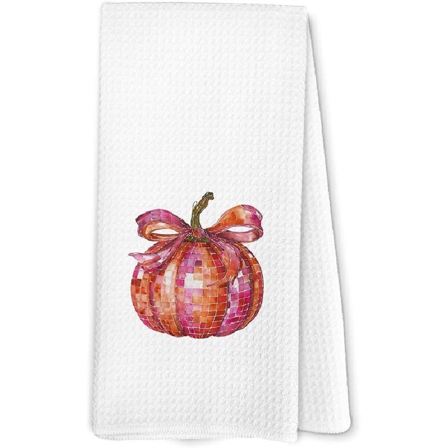 Disco Pumpkin Fall Kitchen Towels, Orange Coquette Bow Pumpkin Dish Towel for Kitchen, Trendy Fall Decor, Thanksgiving Autumn Trendy Halloween Hand
