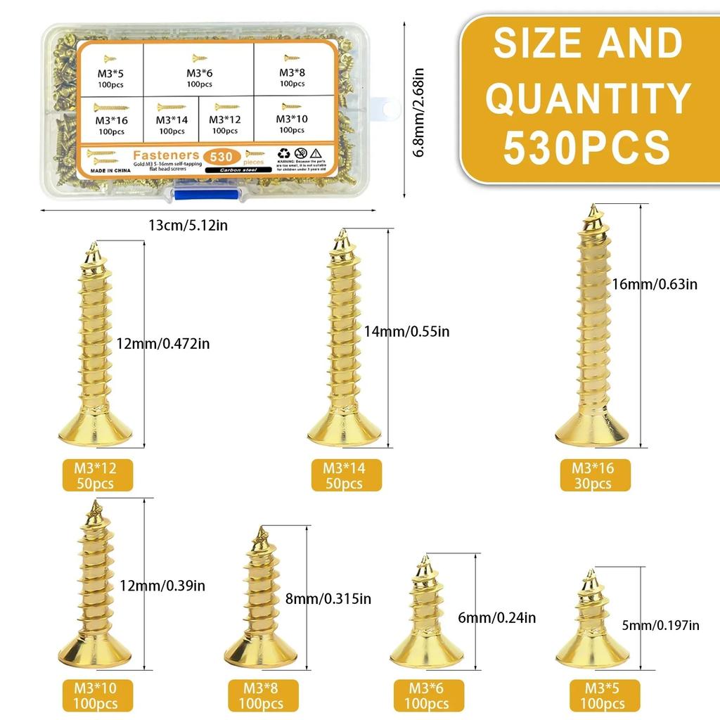 VKKM -530 Pieces of Gold Countersunk Head Screw Set, M3 Specification Suitable for Woodworking Installation