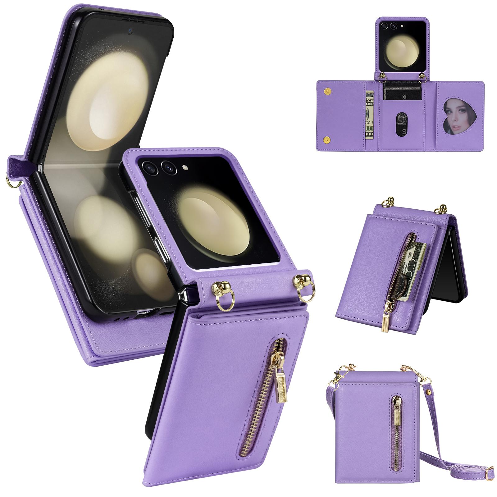 

Чехол для Samsung Galaxy Z Flip7 5G Кошелек на молнии PU+TPU+PC Чехол для телефона с плечевым ремнем Purple