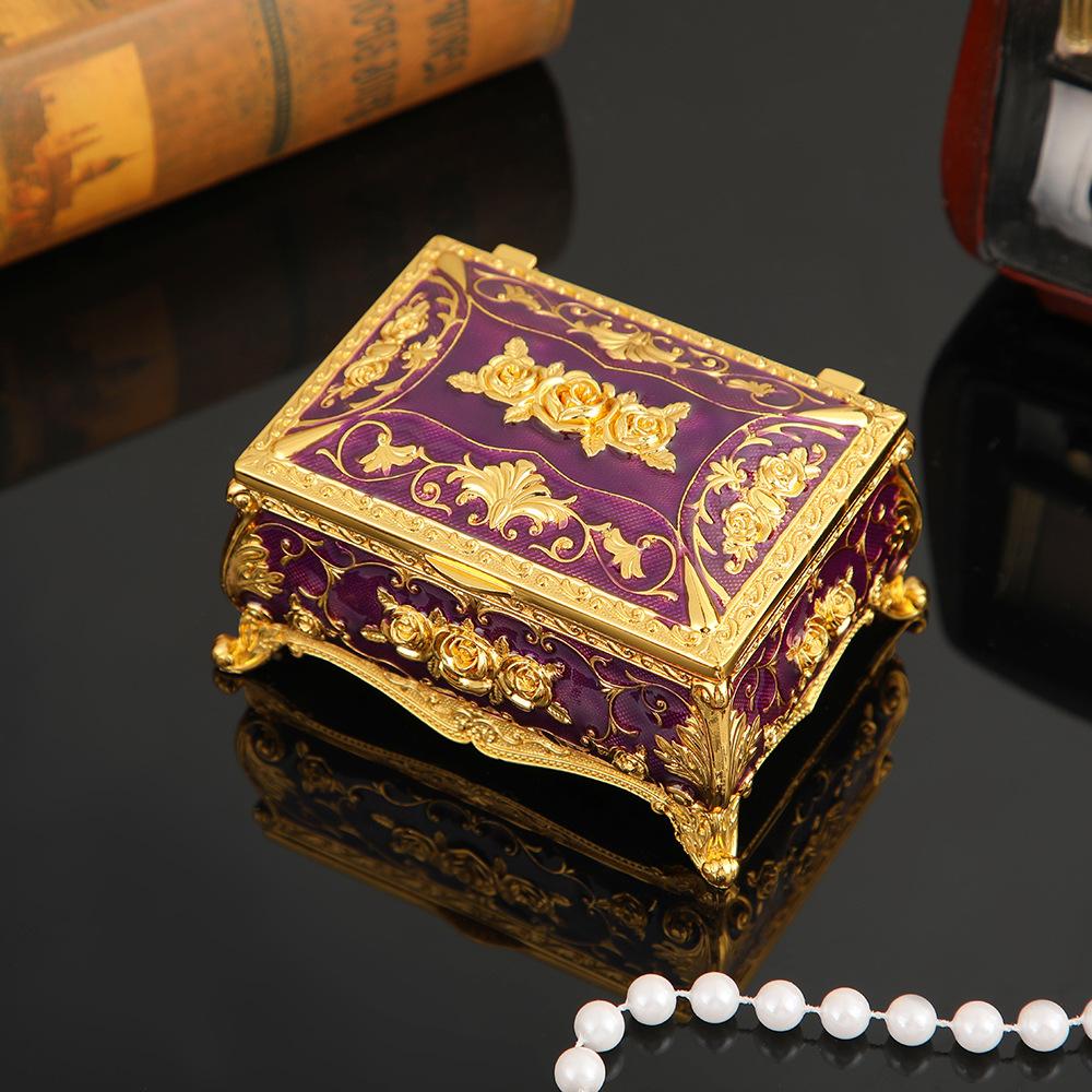 Vintage Enamel Rose Embossed Lockable Jewelry Box-Mini European Style Rectangle Trinket Box Buckle Closure for Rings Necklaces
