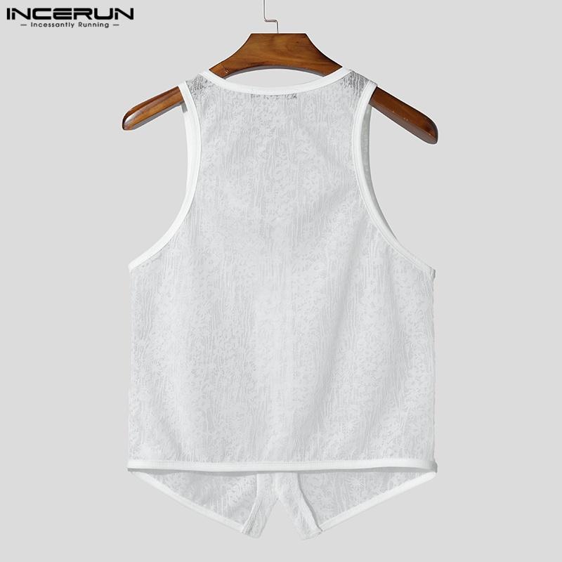 INCERUN Sommer Herre U-hals Ermeløs Knapper Blonder Mesh Gjennomsiktig Casual Tanktopper