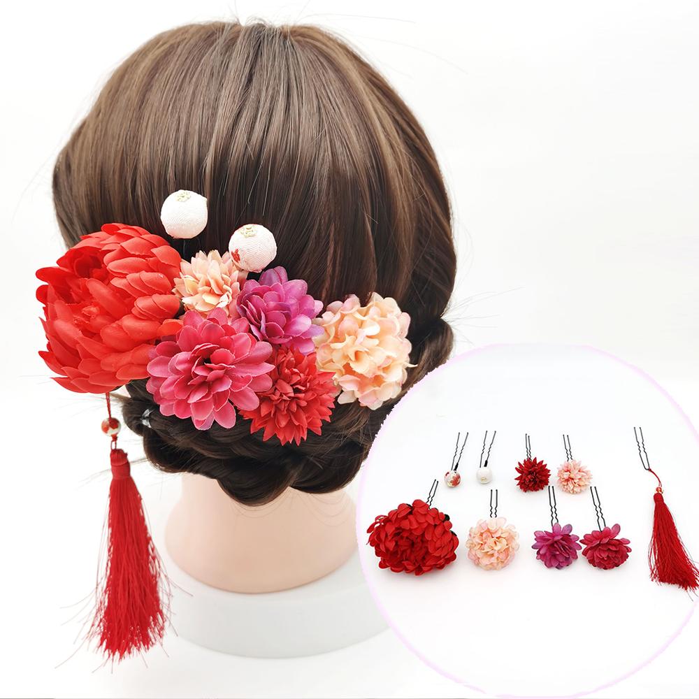

Японские заколки для волос с тканевыми цветами ручной работы, клипса с кисточкой, шпилька для волос для кимоно, головной убор, заколка-автомат для гейши, свадебные заколки для фестиваля