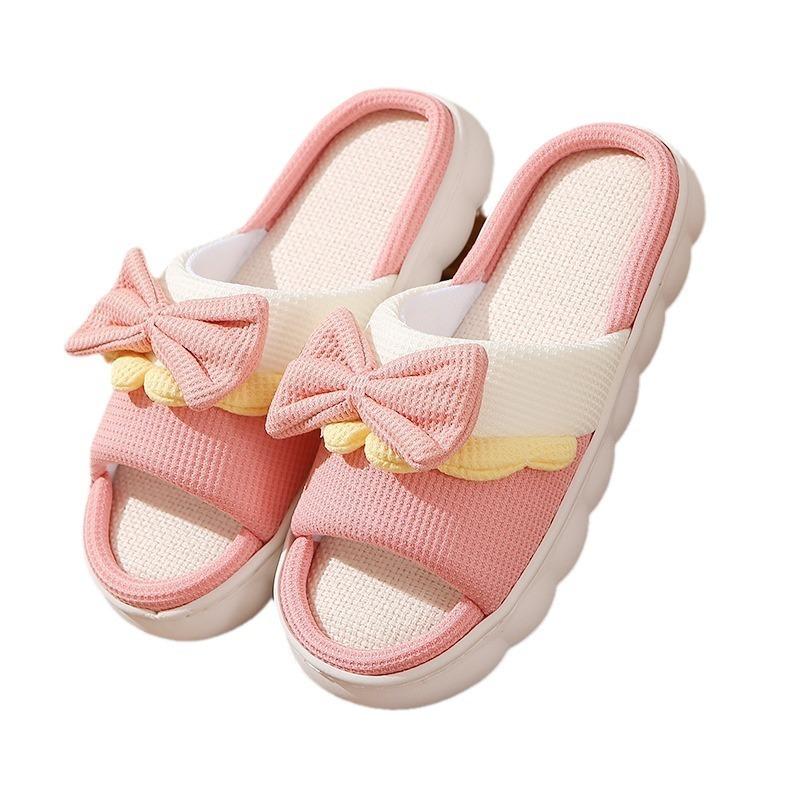 New Bow-tie Linen Slippers Women's Non-slip Indoor Home Cute Couple Cotton and Linen Thick Bottom Sandals Summer