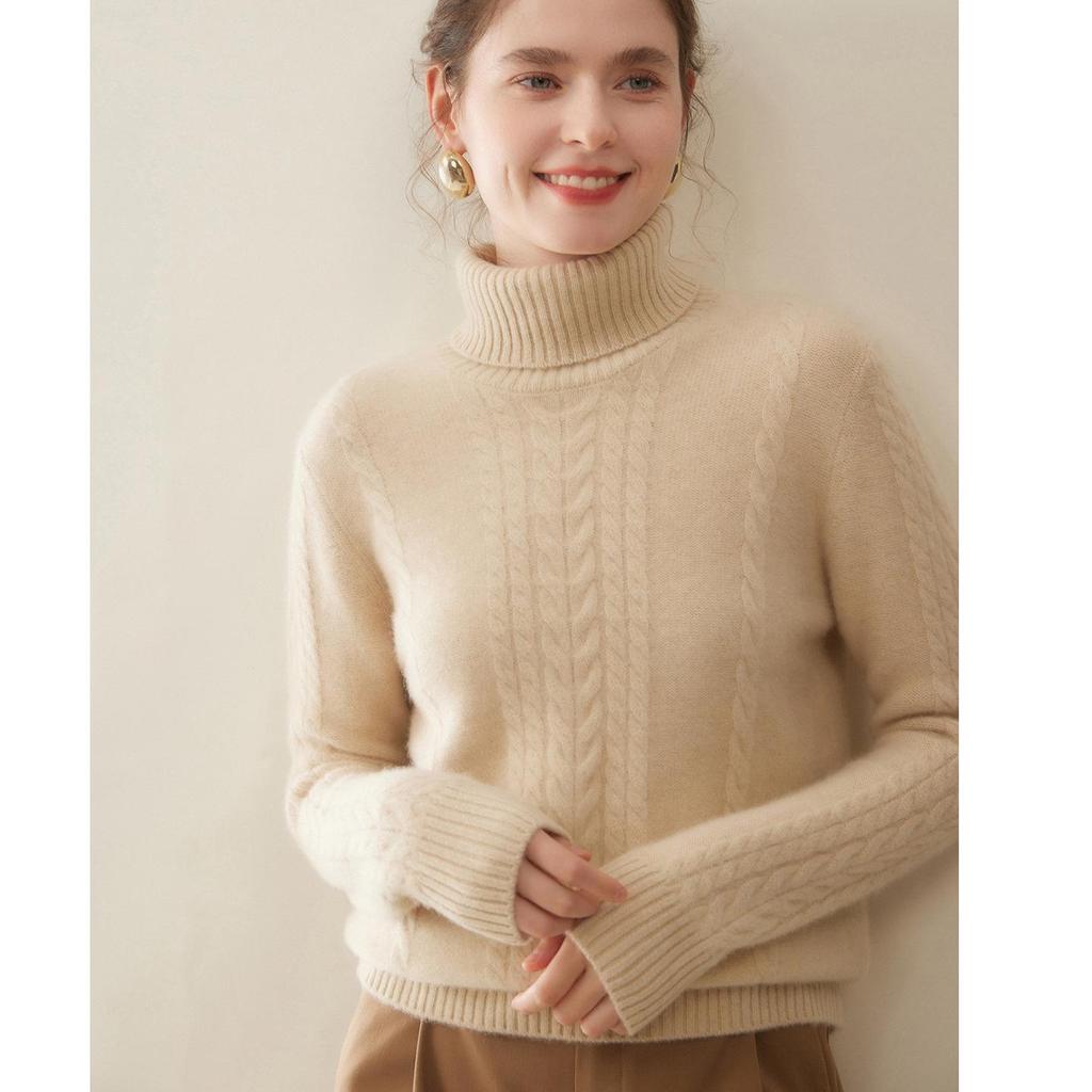 Women's High Neck Cashmere Jacquard Sweater - Autumn/Winter, Seven Gauge, Thick, Loose-Fit Knit, Versatile Base Layer.