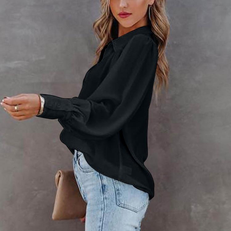 Solid Color Button Down Loose Women Shirt with Pleated Lantern Sleeves
