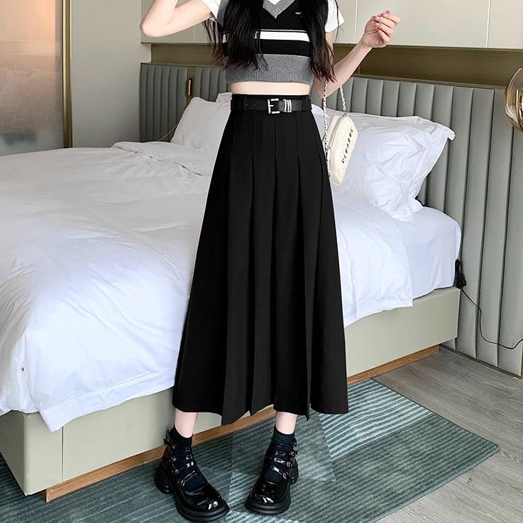 Elegant High-Waisted A-Line Pleated Skirt - Mid-Length, Slimming, Fashionable Niche Design