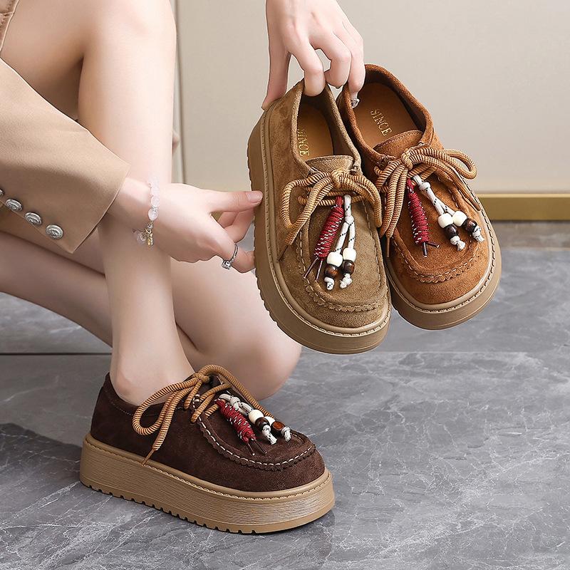 Retro fringed beaded loafers women's autumn 2025 new suede comfortable soft muffin sole casual shoes