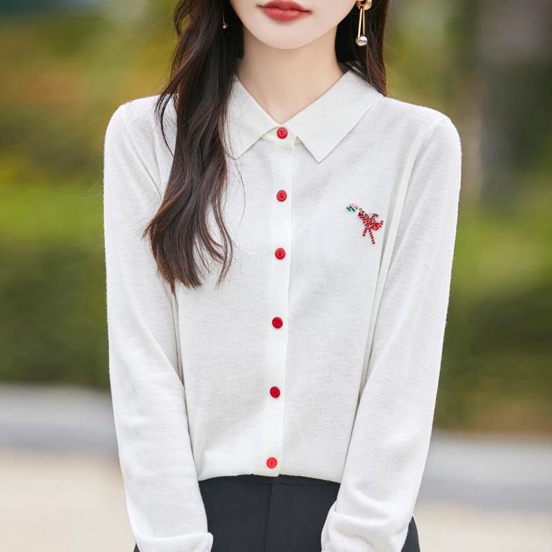Spring New POLO Knitted Cardigan Flamingo Hot Diamond Cuffs Slit Top