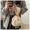 New Pleated Vintage Faux Leather Bucket Bag for Women Small Single Shoulder Wristlet Clutch