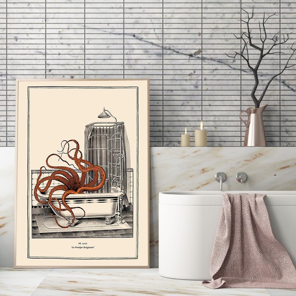 Vintage Octopus Print Funny Toilet Wall Art Cloakroom Poster Retro Gothic Steampunk Bathroom Wall Pictures Canvas Painting Decor