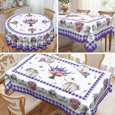1 Lavender Tablecloth, Purple Lavender, Butterfly And Buffalo Checked Design, Durable Polyester Tablecloth