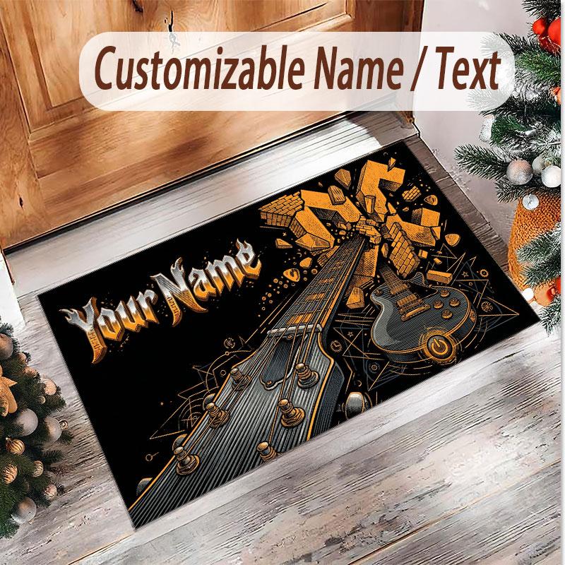Music Guitar Theme Soft Crystal Velvet Rug Custom Name & Text Print Non Slip Floor Rug for Bedroom Living Room