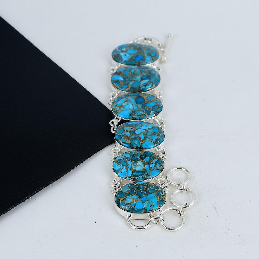 Blue Copper Turquoise Gemstone Handmade 925 Sterling Silver Bracelet, Blue Copper Turquoise Bracelet For Wife , Unisex Bracelet, Wadding Gift