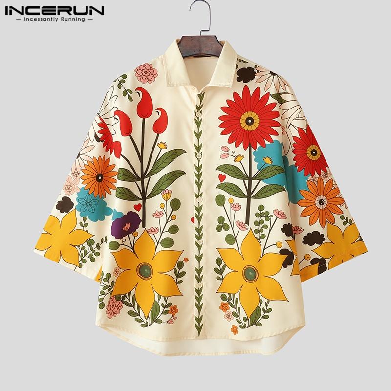 INCERUN Cămăși Casual de Vacanță pentru Bărbați, Mărimi Oversized, Guler Rever, Mâneci 3/4, Nasturi, Imprimeu Floral