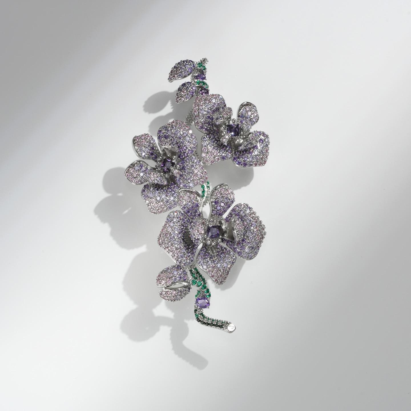 Elegant Copper Inlaid Zircon Purple Phalaenopsis Brooch - Versatile Jewelry Gift