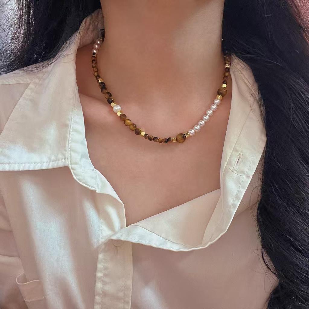 Vintage Maillard High Quality Natural Tiger'S Eye Stone Artificial Crystal Pearl Necklace Clavicle Chain
