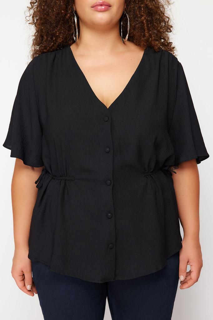 Women's Fashion Red Woven V-Neck Tie Blouse