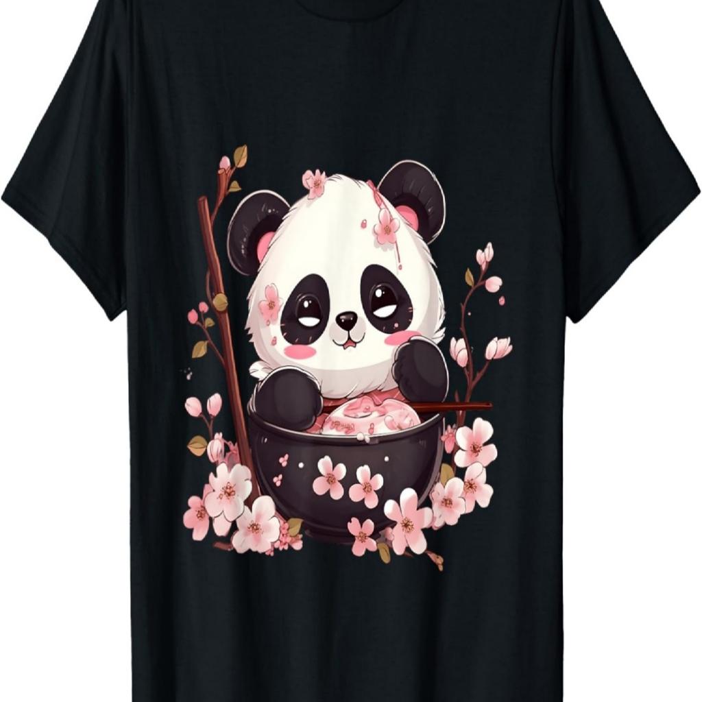 Otaku Kawaii Anime Panda Eat Ramen Noodles Cherry Blossom T-Shirt(6)