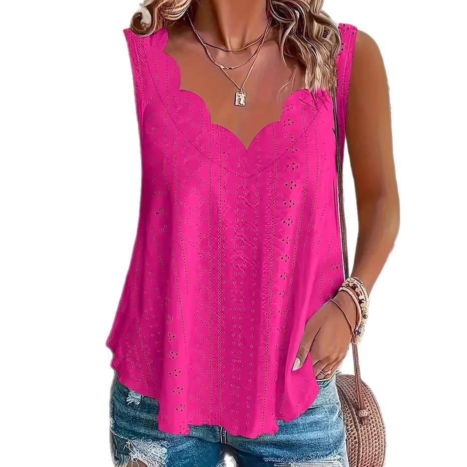 1116 spring and summer new fashion summer large size casual solid color scallop edge V-neck