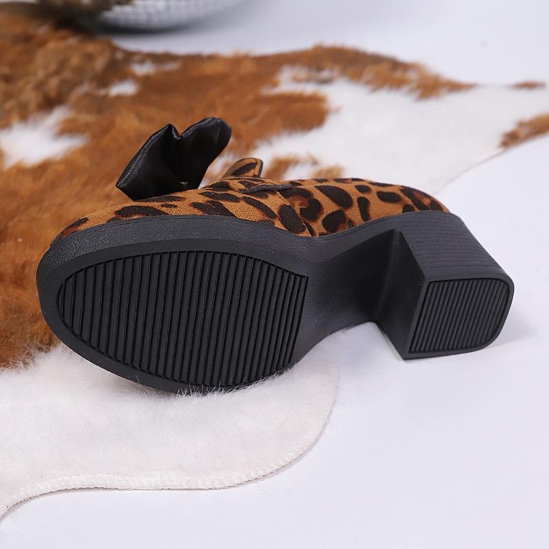 Bow Mid-heel Professional Shoes Women's 2025 Autumn New Leopard Print Thick-heeled Plus-size Low-top Shoes