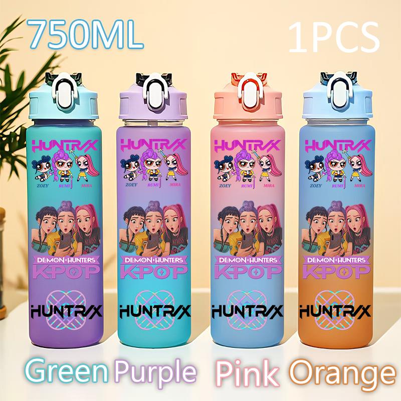 Kpop 750ML Dämonenjäger Wasserflasche K Pop Krieger Rumi Mira Zoey KPOP Trinkflasche Schule Huntrix Kürbis Plastik Wasserbecher