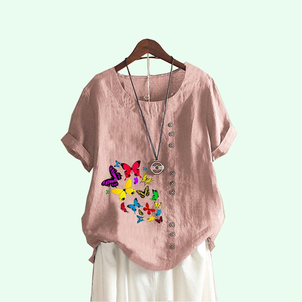 Women Fashion Butterfly Print Short Sleeve T-shirt Summer Casual Round Neck Pullover Loose Cotton Linen Blouses