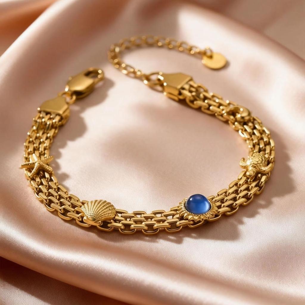 Oceaanstijl Roestvrij Staal Mesh Ketting Horlogeband Armbanden voor Dames, Uniek Zeester Schildpad Zon Natuursteen Bedel Armband