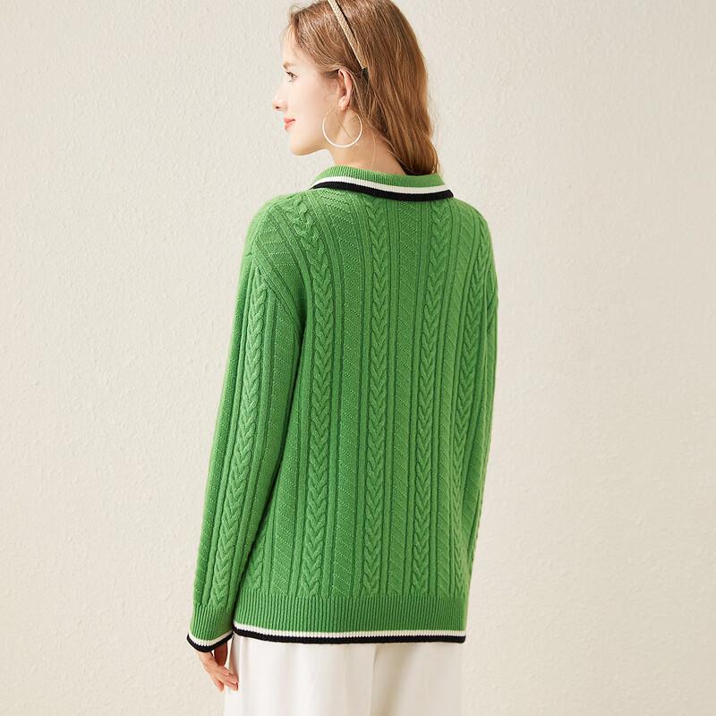 TUHUANG Women's Pure Wool Cable Knit Polo Sweater