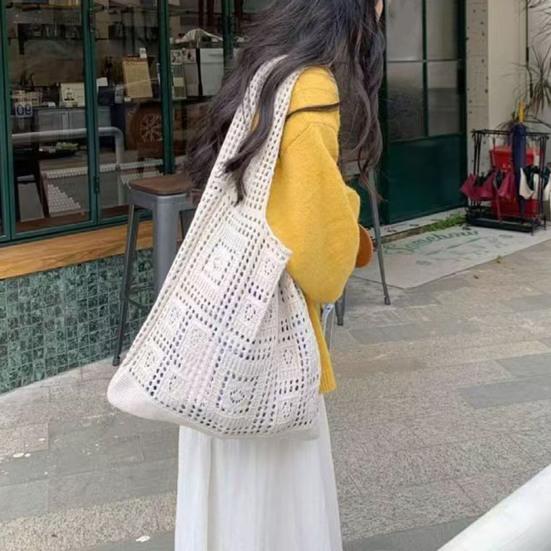 Women Shoulder Bag Wide Straps Large Capacity Solid Color Handbag Commuting Style Decorative Knitting Shoulder Bag