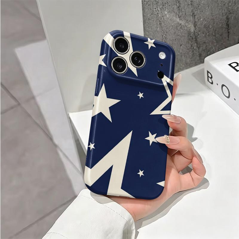 Navy Cream Oversized Star Geometric Pattern Art Film Aesthetic Protective Shockproof Bumper Phone Case Cover For iPhone 13 14 15 16 17 Pro Max Plus