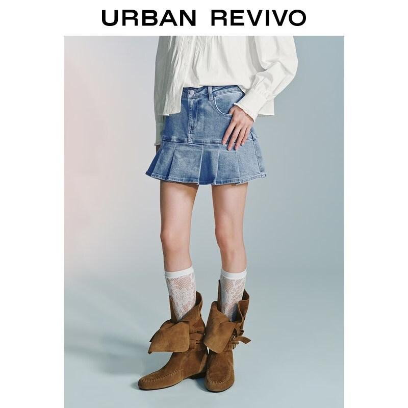 UR2026 Damska plisowana mini spódnica z pranego denimu