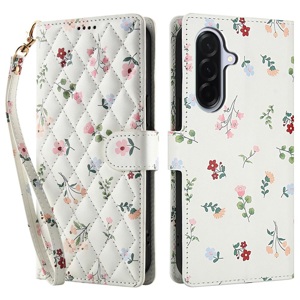 For Samsung Galaxy A17 5G/A26 5G Wallet Case Rhombic Floral Design Leather Flip Phone Cover with Strap