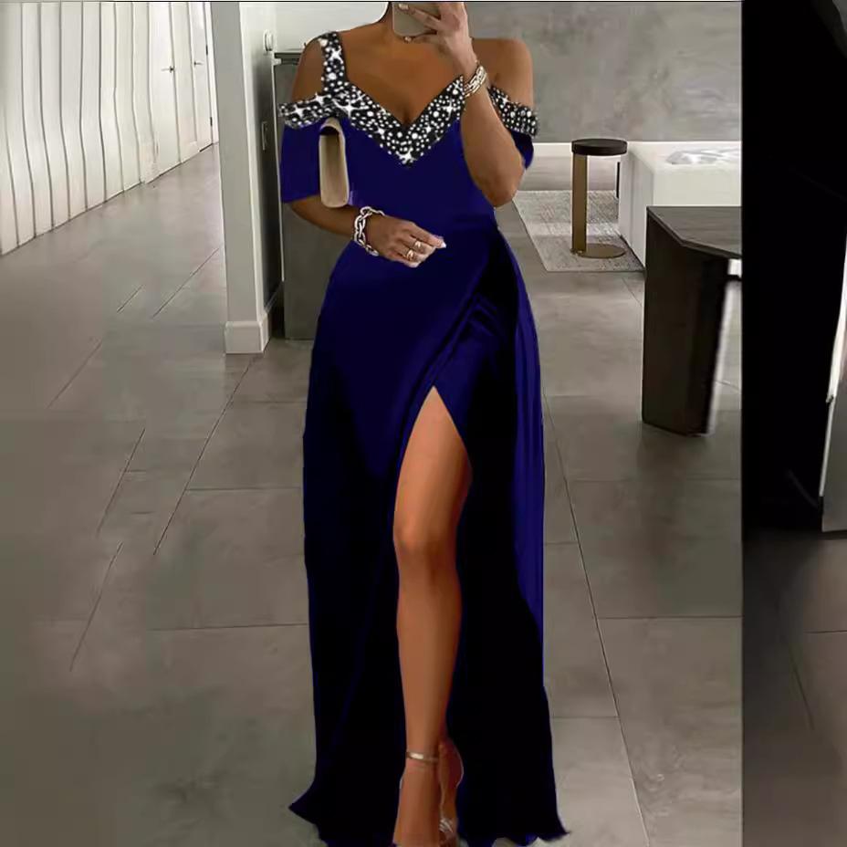 Women's Sexy Cold Shoulder Rhinestone V Neck Wrap Maxi Dress High Waist High Side Slit Short Sleeve Elegant Evening Formal Party Gown Summer