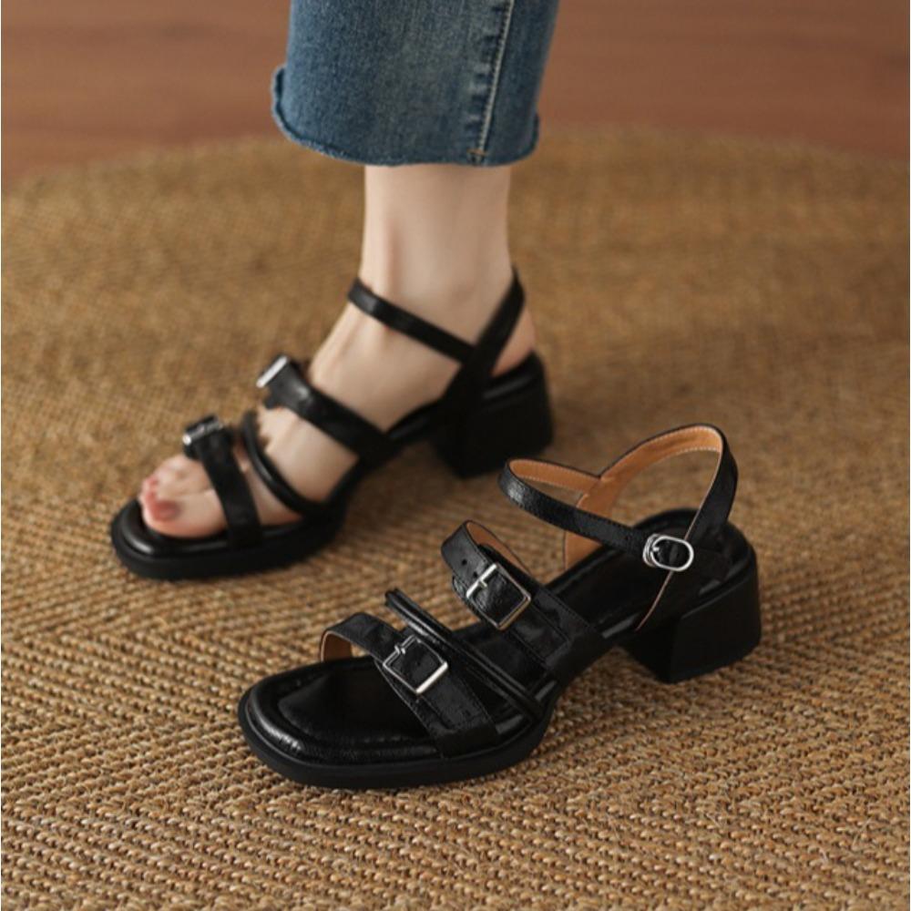 Sandals for Women's Summer Soft Sole Not Tired Feet Thin Strip with Thick Heel Roman Sandals Women French Retro Womens Shoes