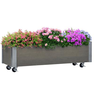 Rectangular Fir Wood Planter with Wheels and Brakes, 96x30.6x30 Cm, Grey