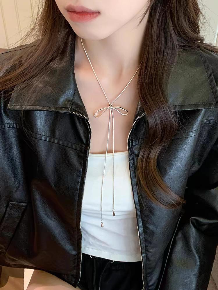 Silver Bow Pull-Out Necklace Women'S Simple Cold Style Long Accessories Sweater Chain Collarbone Chain