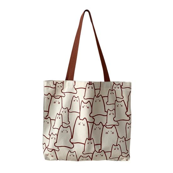 Women Canvas Bag Cat Pattern Zipper Design Tote Bag Large Capacity Japanese Style Lightweight Shoulder Bag
