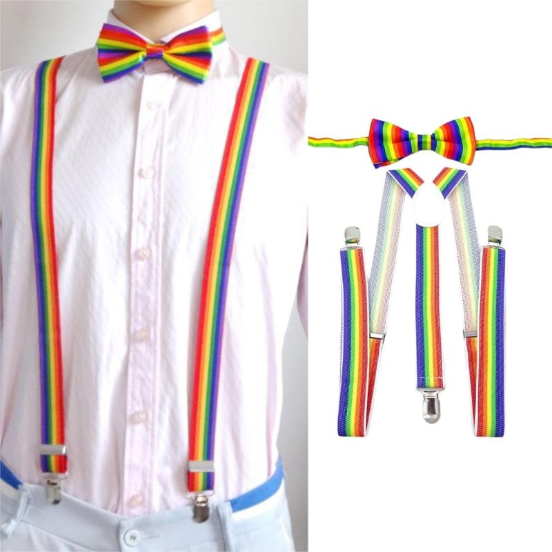 Fashionable Rainbow Braces and Striped Bowtie Set Perfect for Birthday Wedding Formal and Casual Occasion