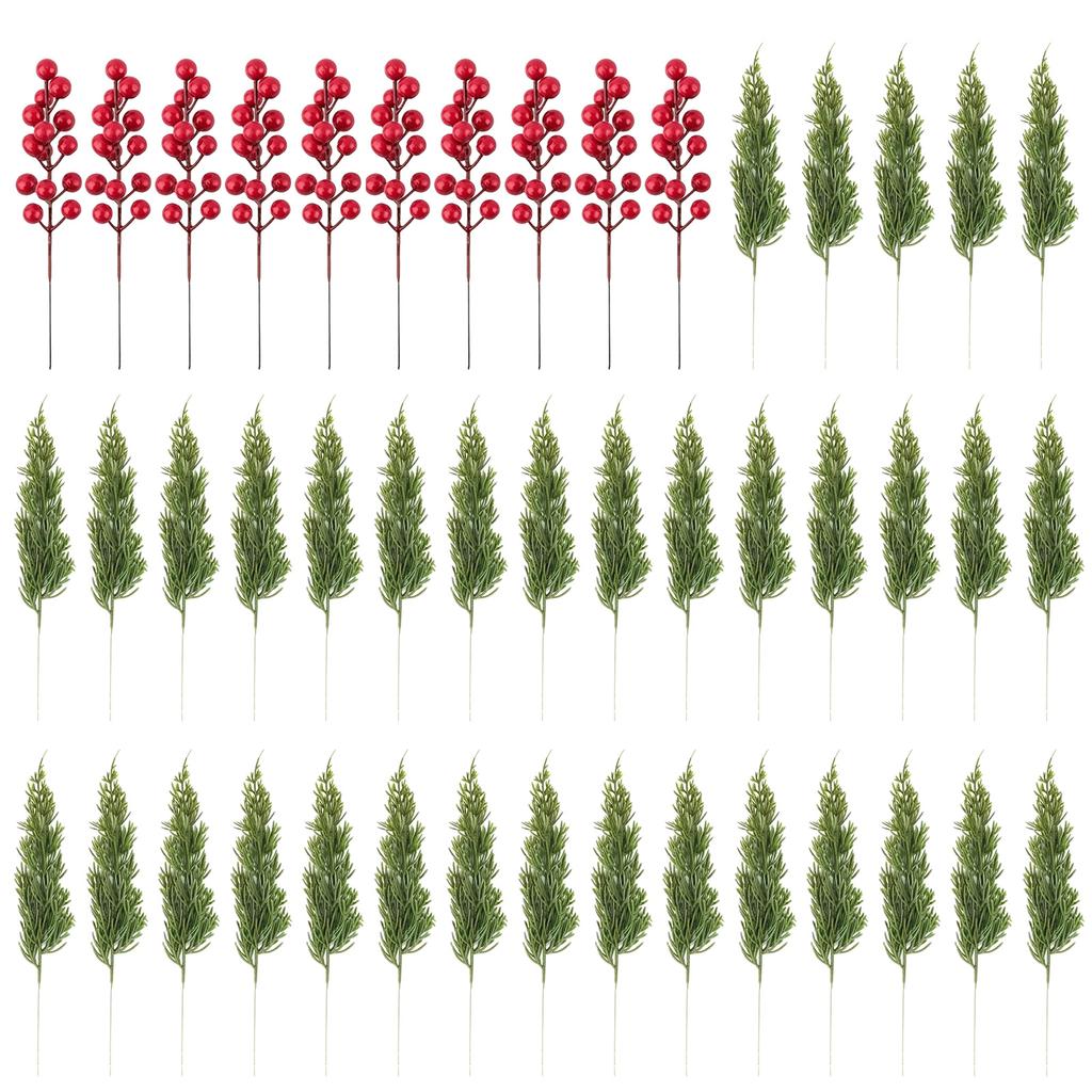 Christmas Artificial Branches With Red Berry Stems,10.5in Faux Norfolk Leaves Stems, Fake Foliage Needles Picks For DIY Craft Garland Home Decor