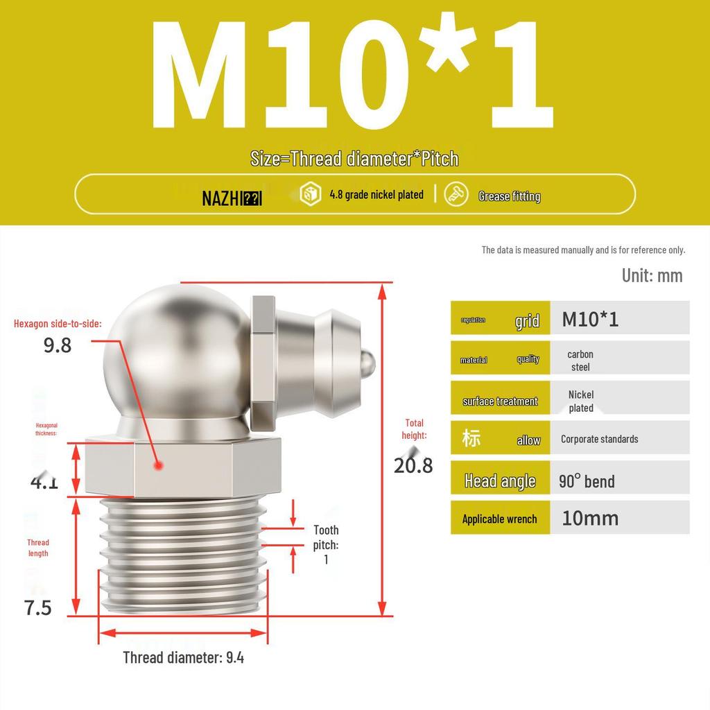 Nickel-Plated Iron Bent Grease Nipple Grease Gun Head M6-M14 G1/8