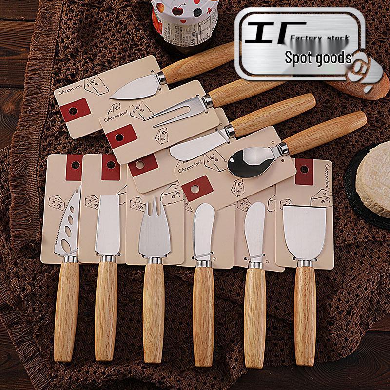 Rubber Wood & Stainless Steel Cheese Knife Set - Western Tableware with Knife, Fork, and Spoon