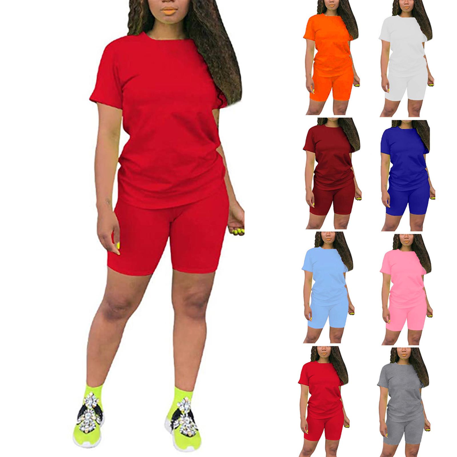 

GW Женщины 2 шт Повседневный спорт Сплошной цвет Костюм с коротким рукавом Топ и брюки Комплект