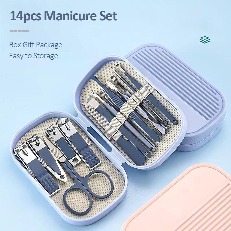 14 Piece Deluxe Manicure & Pedicure Set Pink And Blue Stainless Steel Nail Scissors, Clippers, Ear Digging Spoon for Men & Women