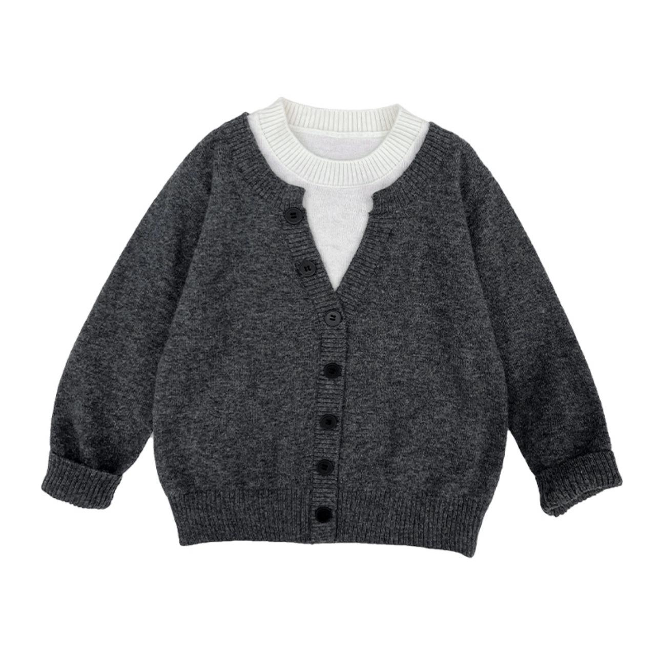 Kids Faux Two Piece Knit Sweater Autumn Winter Boys Girls Simple Stylish Base Layer Top 90 серый