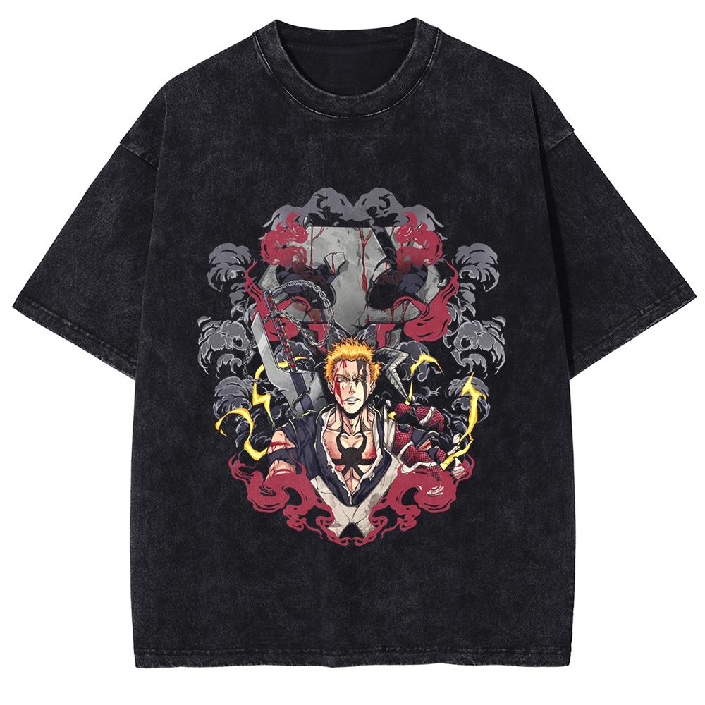 BLEACH T Shirt Manga Kurosaki Ichigo Print Tshirt Men Unisex Clothes Vintage Washed Streetwear Short Sleeve Cotton Tee Shirt