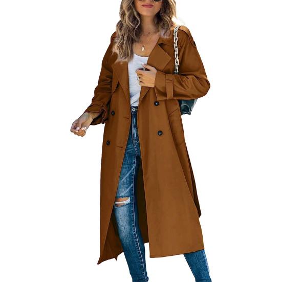 Women Autumn Classic Double Breasted Long Trench Jacket with Belt Female Solid Color Lapels Long Sleeve Pockets Windbreaker Coat