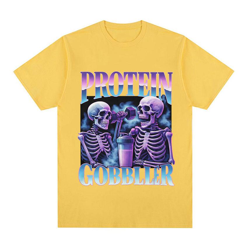 

Protein Gobbler Gym Skeleton Fitness Meme Graphic 100%cotton men s shirt Harajuku style summer women s fashion oversized Tshirt 4XL